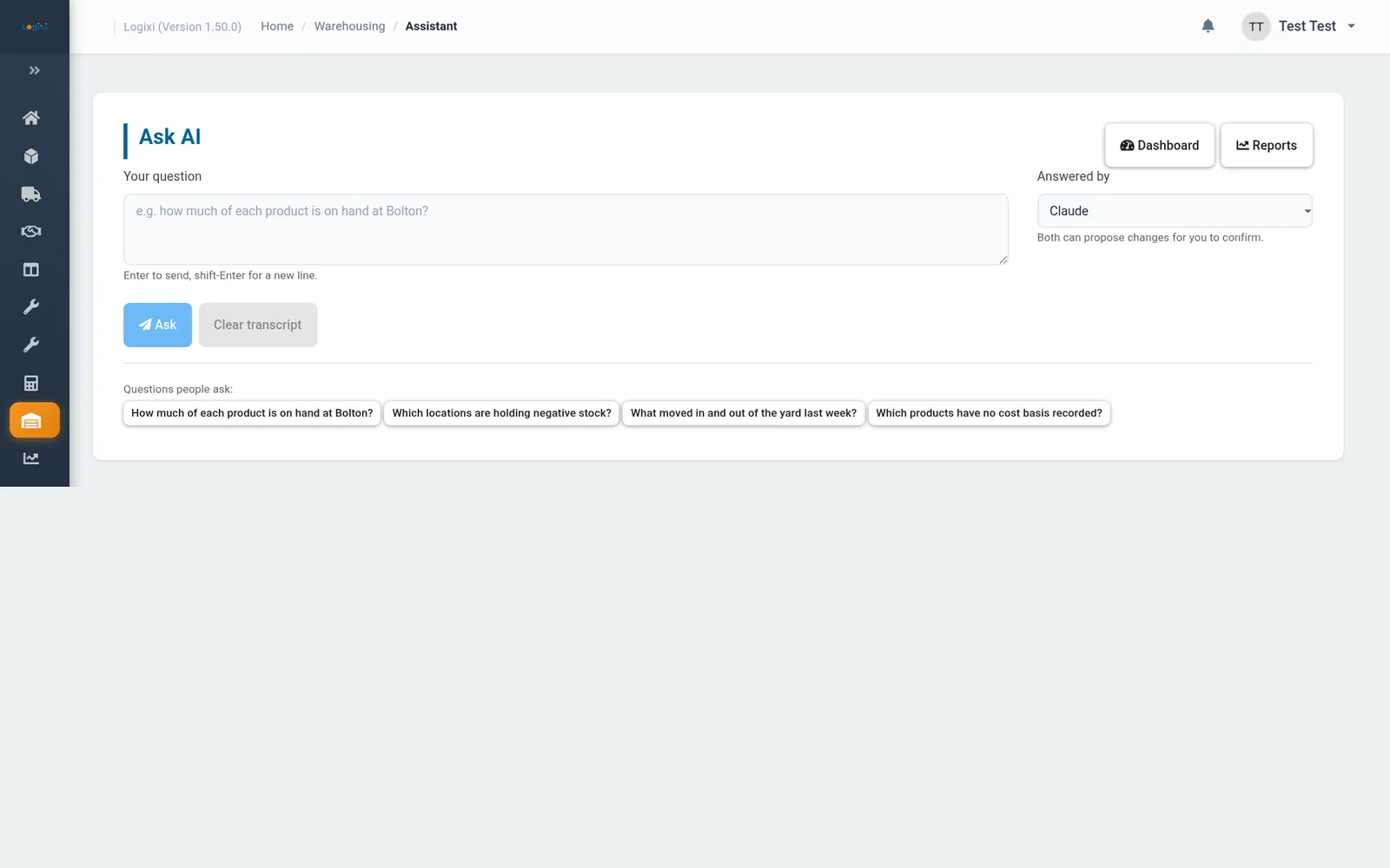 Logixi Ask AI page with example warehouse stock questions