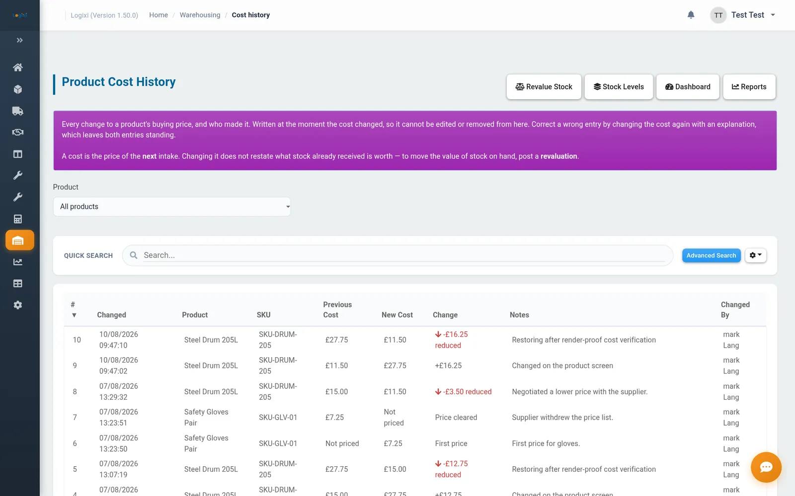 Logixi Product Cost History showing previous and new cost, change and who changed it